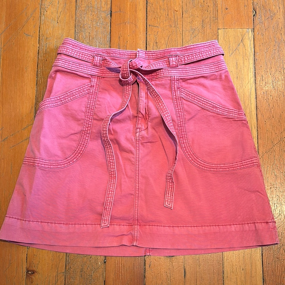 Pilcro and the Letterpress Pink A-Line Mini Skirt Tie Front